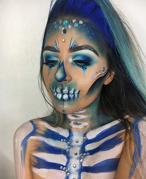 Kobaltno okostje za Skeleton Makeup Ideje za noč čarovnic