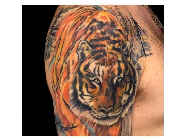 Oranžna barvna tetovaža z roko tigra