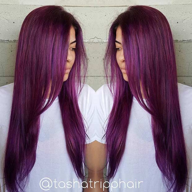 Ideja za vijolično barvo las z dolgim ​​grozdjem
