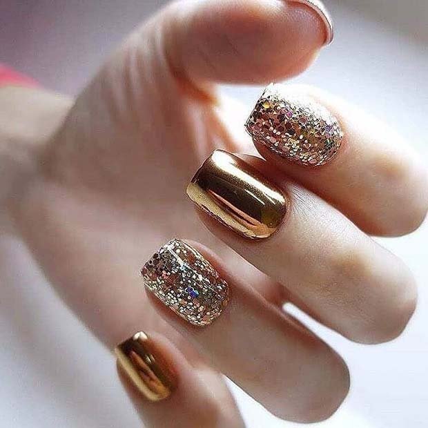 Glam Gold Chrome și Glitter Nails